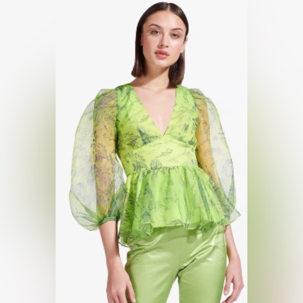 NWOT Staud Vibrant Green Sheer Sleeve Blouse Top